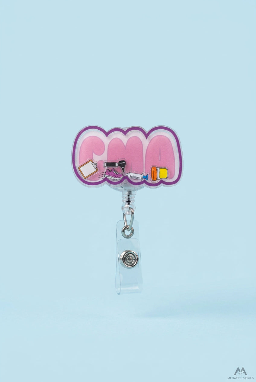CMA shaker badge reel with pink lettering, a purple border, and miniature clipboard, otoscope, sneaker, syringe, and specimen cup.