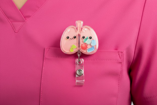 Lung-shaped badge holder with cartoon lungs and viruses on a gray background