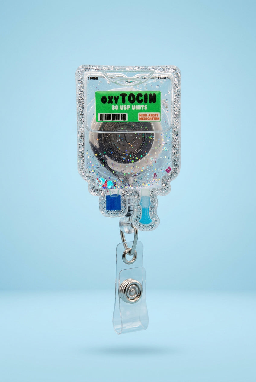 Oxytocin medication-inspired shaker badge reel, retractable ID badge accessory for labor and delivery and postpartum nurses