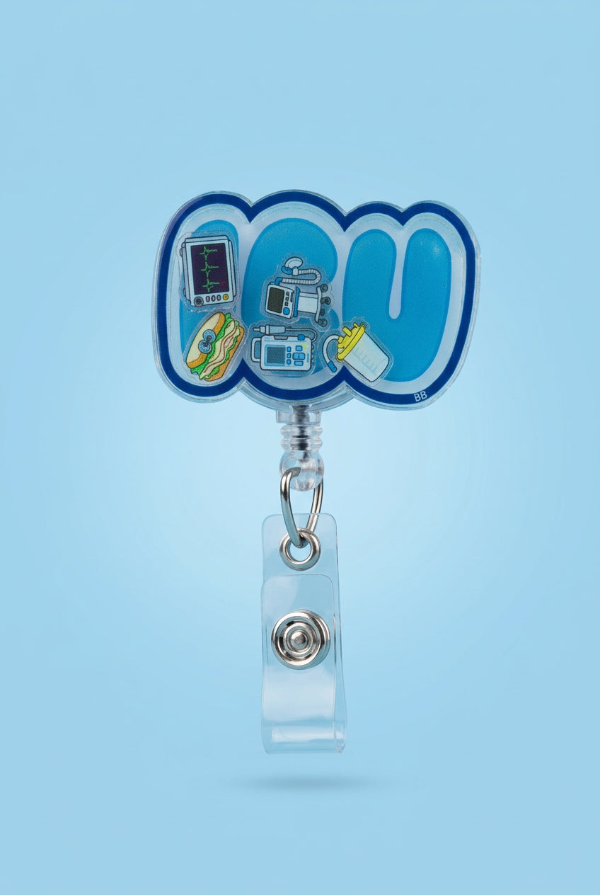 ICU shaker badge reel with blue lettering, a navy border, and miniature patient monitor, ventilator, infusion pump, suction canister, and sandwich.