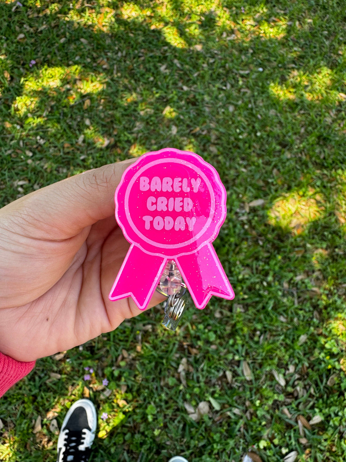 Barely Cried award ribbon badge reel with funny lettering, retractable ID badge accessory for nurses and teachers