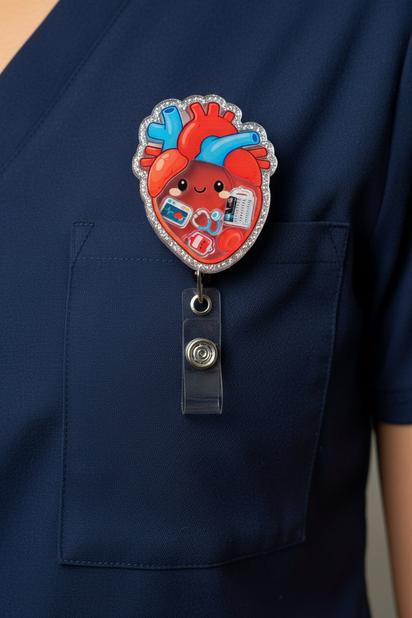 Heart-shaped badge holder with cartoon design held by a hand against a neutral background