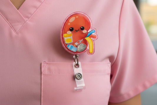 Pink scrub top with a cartoon character badge holder on a blurred background