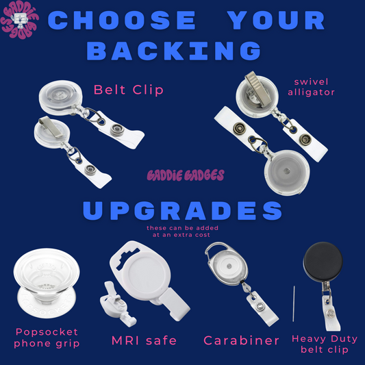 Various badge holder upgrades with descriptions on a blue background