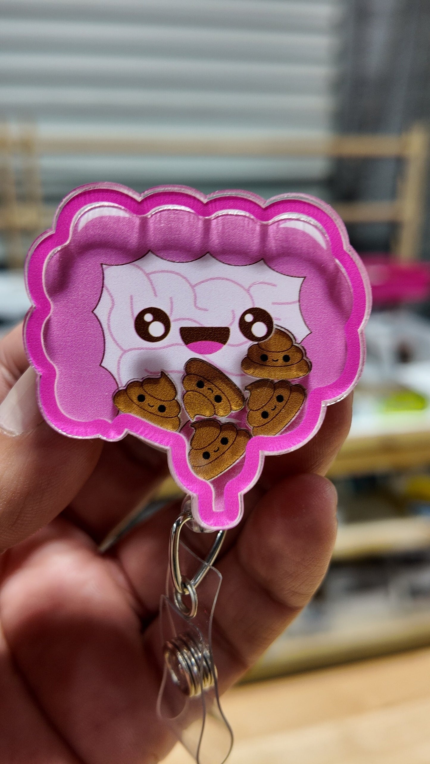 Kawai intestine with poop badge reel, gastroenterologist ID holder. Shaker badge clip