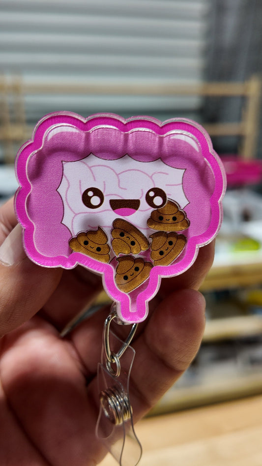 Kawai intestine with poop badge reel, gastroenterologist ID holder. Shaker badge clip