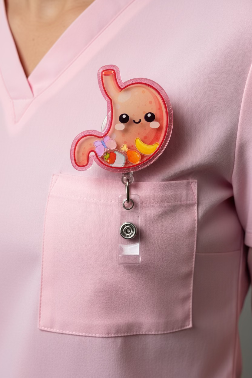 kawaii lungs shaker on a pocket of a pink medical scrub