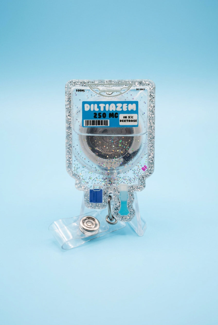 Diltiazem medication-inspired shaker badge reel, retractable ID badge accessory for cardiac, ICU, and emergency room nurses