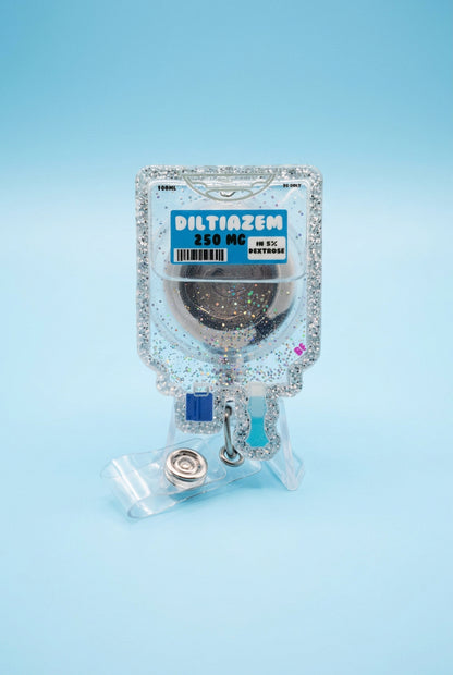 Diltiazem medication-inspired shaker badge reel, retractable ID badge accessory for cardiac, ICU, and emergency room nurses