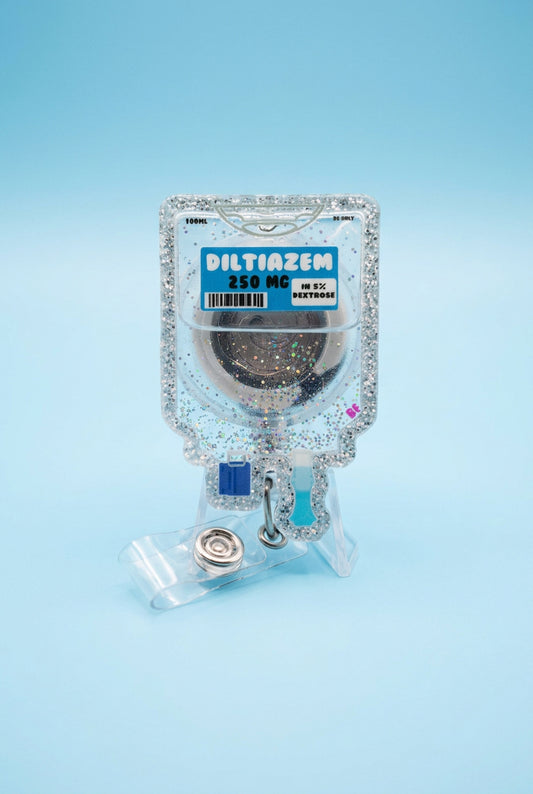 Diltiazem medication-inspired shaker badge reel, retractable ID badge accessory for cardiac, ICU, and emergency room nurses