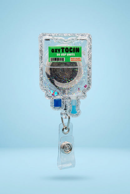 Oxytocin medication-inspired shaker badge reel, retractable ID badge accessory for labor and delivery and postpartum nurses