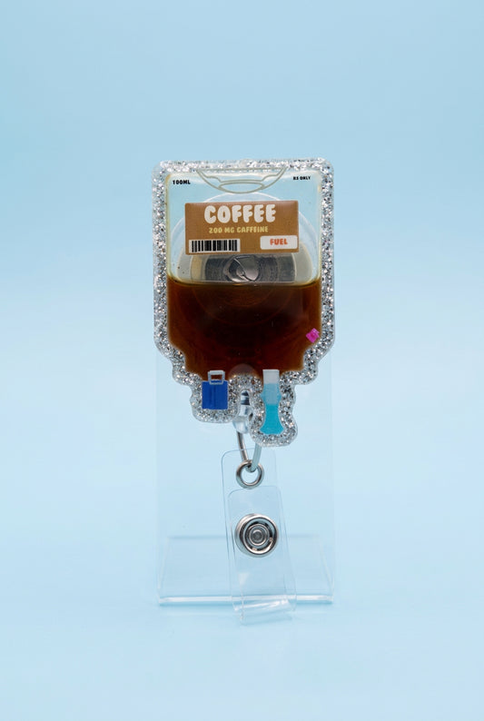 Coffee Fuel IV bag shaker badge reel, cute coffee-themed retractable ID badge accessory for nurses, medical assistants, and healthcare workers