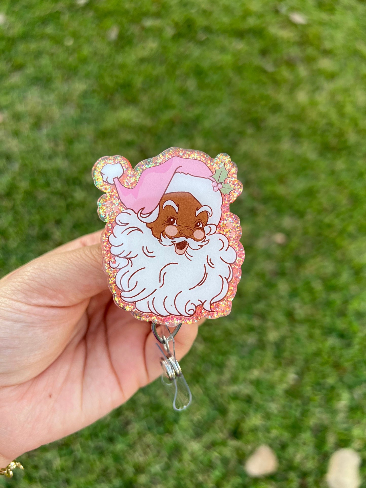 Pink Santa Badge reel | Cute Xmas accessories | pink Christmas badge clip