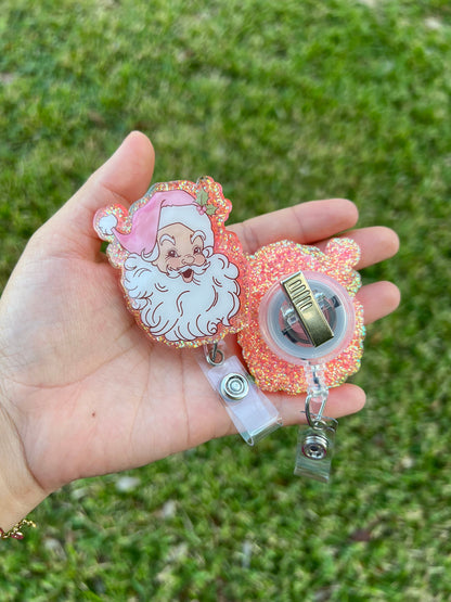 Pink Santa Badge reel | Cute Xmas accessories | pink Christmas badge clip