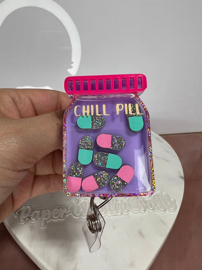 Chill Pill bottle Badge Reel| gift for pharmacist,cute nurse accessories,retractable badge reel, pharmacist tech badge clip,shaker badge ree