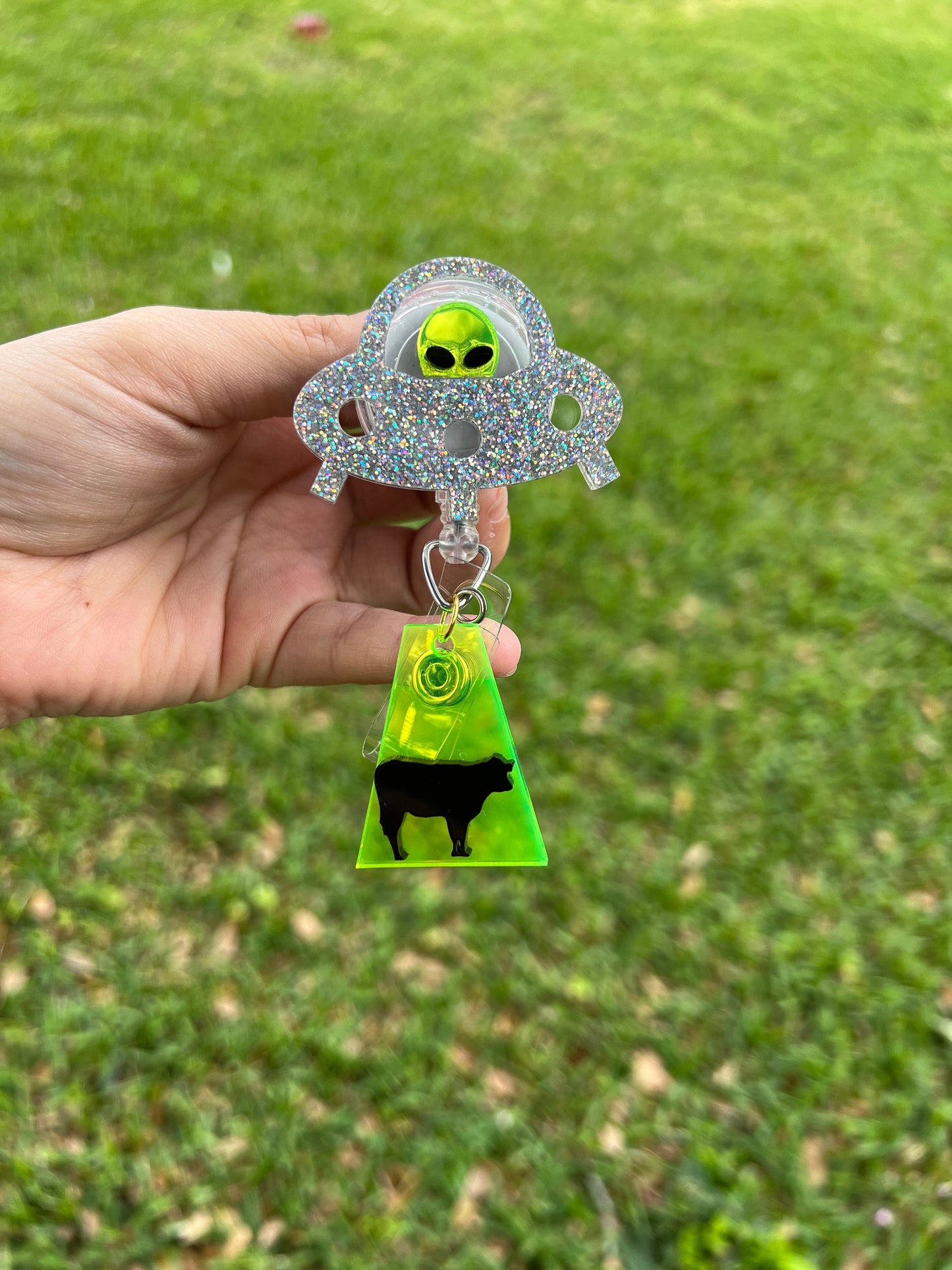 Cow abduction badge reel, nurse accessories,alien abductions.