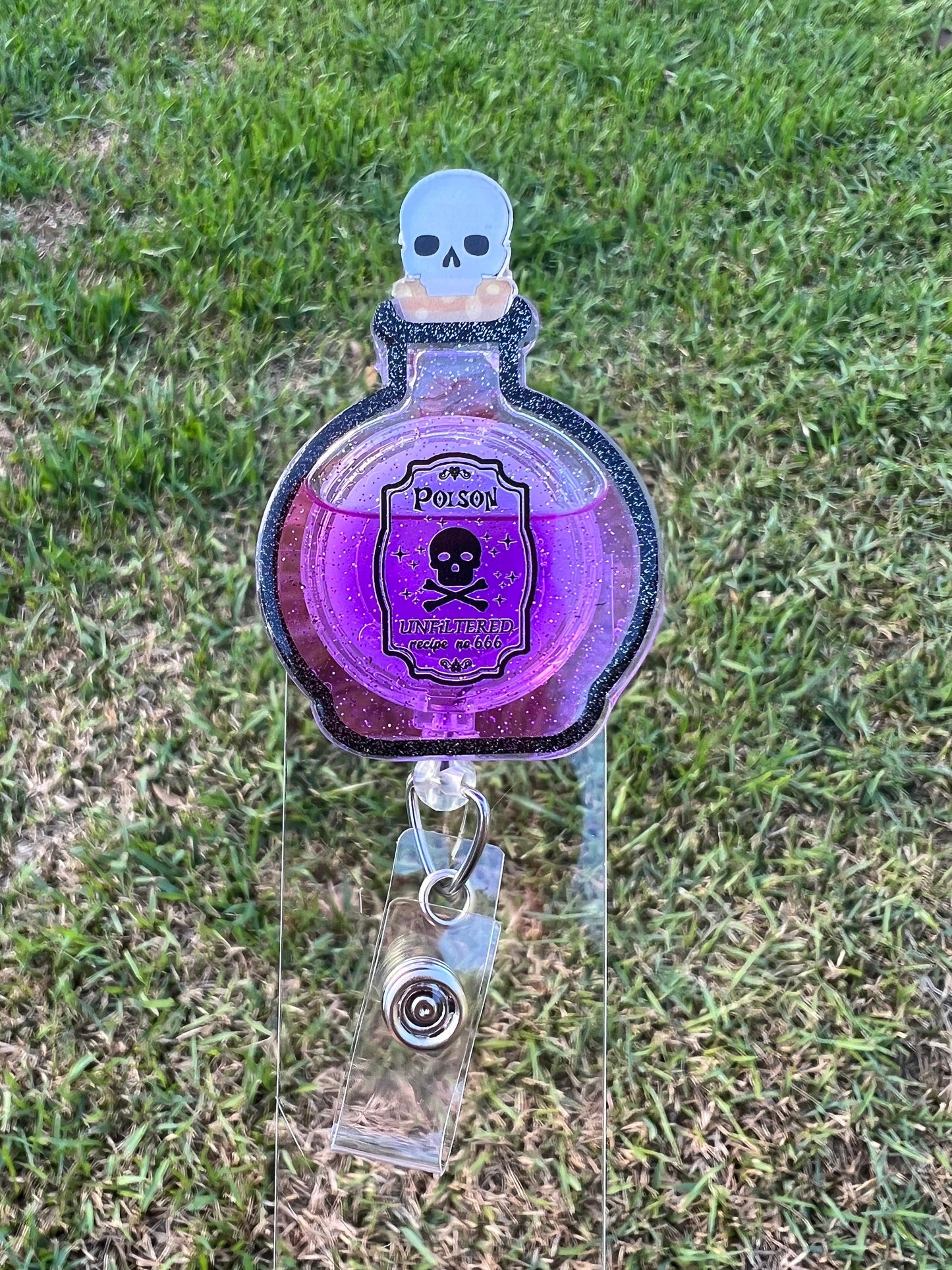 Potion bottle,witches brew badge reel, poison bottle badge clip,Halloween ID holder.