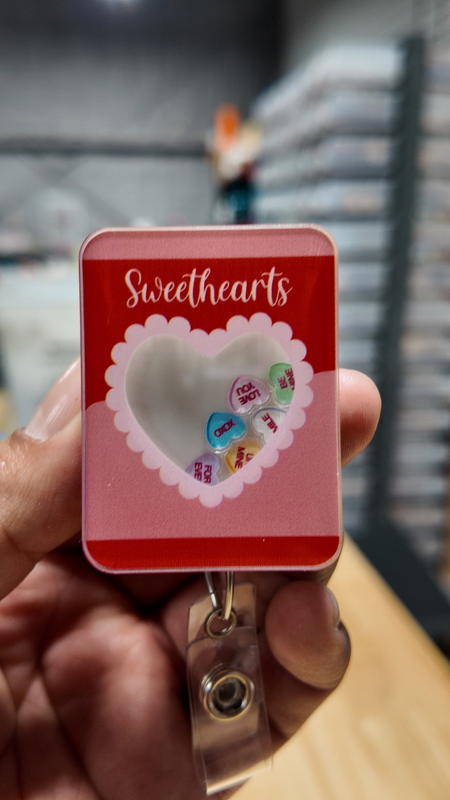 Valentine sweet hearts badge holder, interactive ID holder. Shaker badge clip