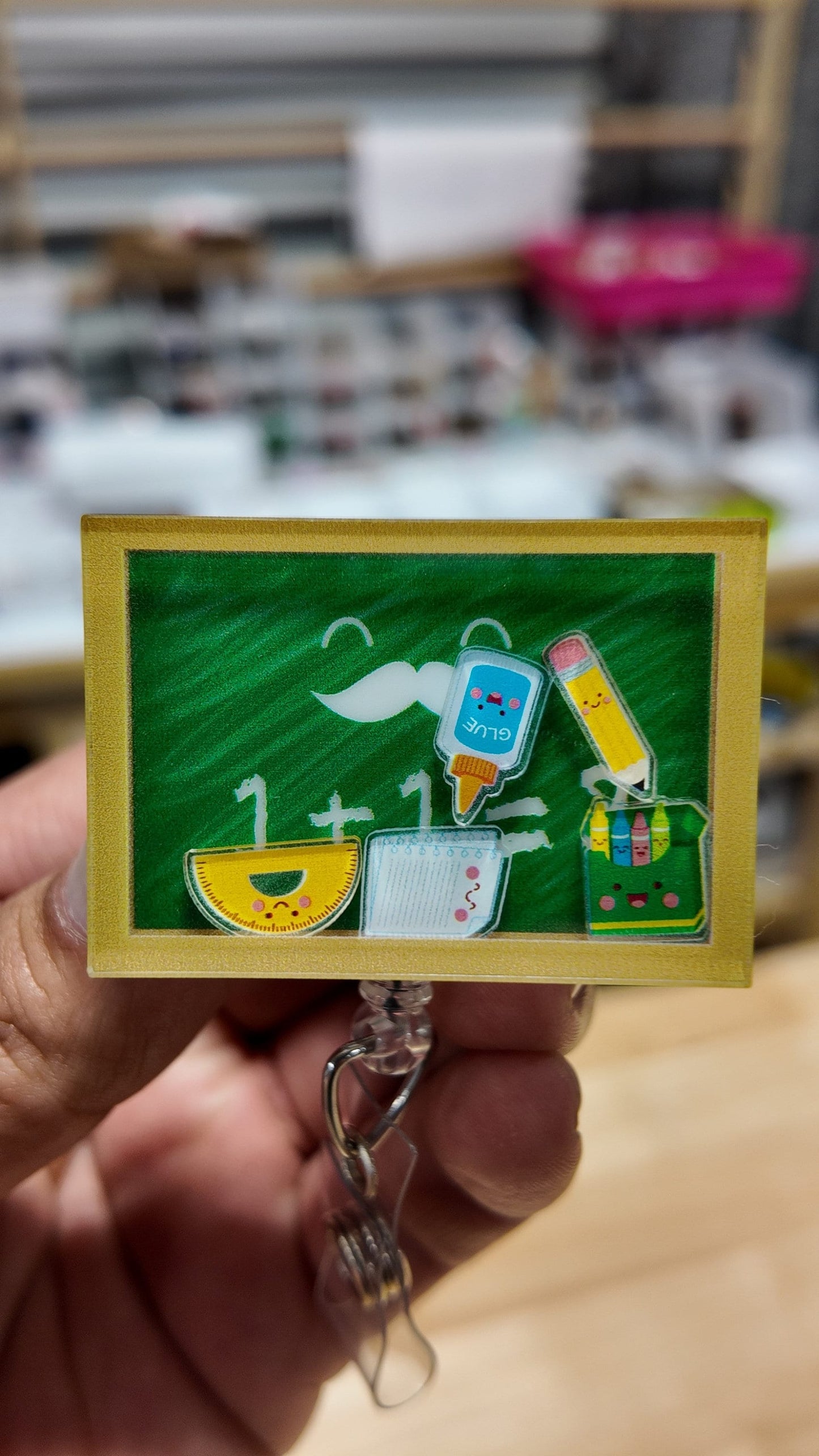 Erase board with school supplies badge reel, teacher ID holder. Shaker badge clip