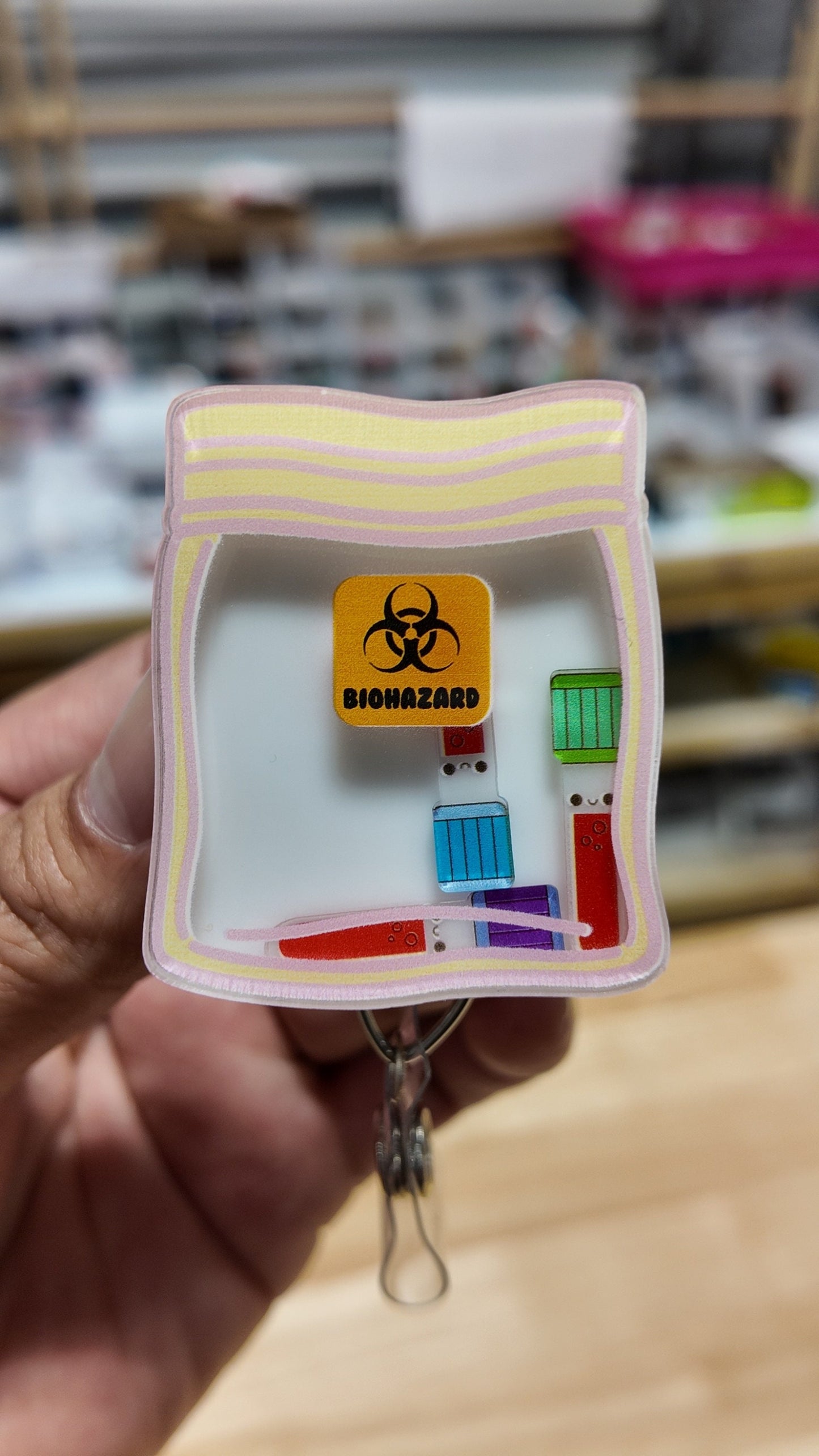 Kawai bio hazard ziplock bagbadge reel, phlebotomist ID holder. Shaker badge clip