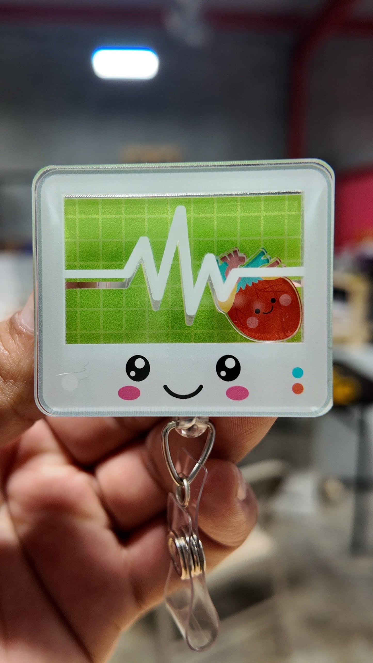 Heart rate machine badge holder, interactive ID holder. Shaker badge clip