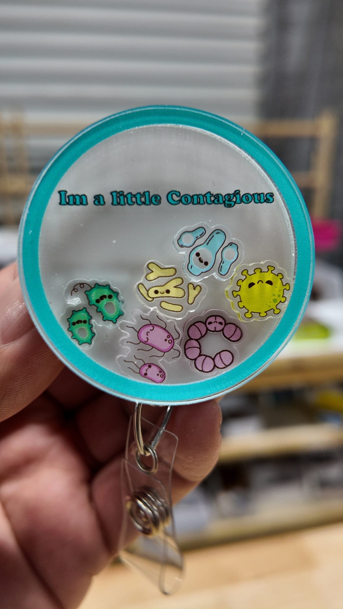 Im a little contagious badge reel, Petri dish, microbi, lab tech interactive ID holder. Shaker badge clip