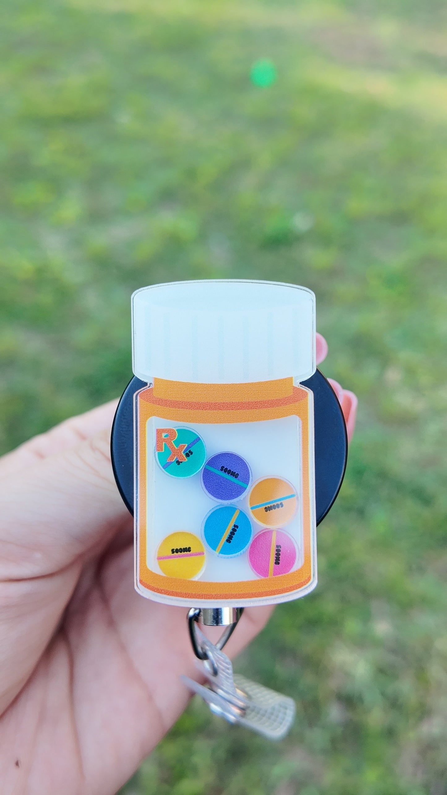 Kawaii pill bottle shaker badge reel, that’s on back order , pharmacist badge holder, interactive ID holder. Shaker badge clip