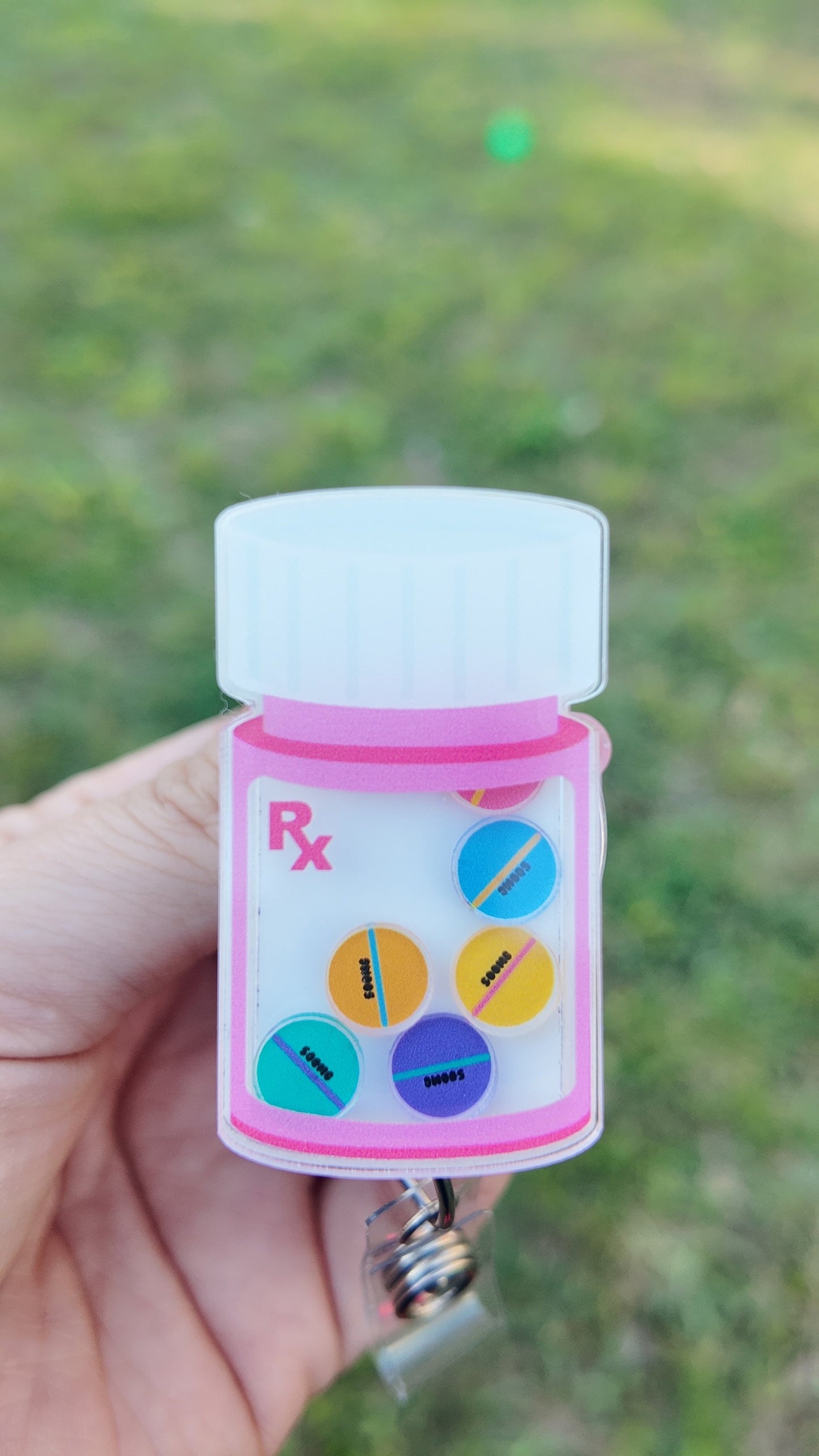 Kawaii pill bottle shaker badge reel, that’s on back order , pharmacist badge holder, interactive ID holder. Shaker badge clip