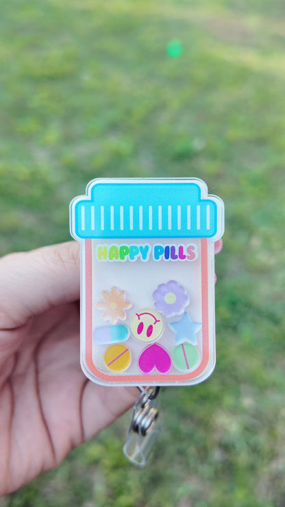 Happy Pills bottle Badge Reel| gift for pharmacist,cute nurse accessories,retractable badge reel, pharmacist tech badge clip,shaker badge