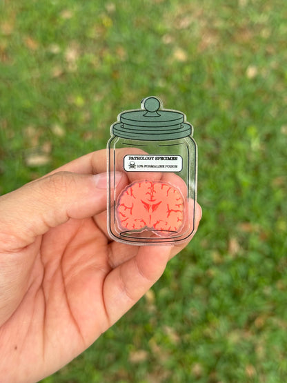 Pathology specimen jar with brain badge reel, interactive ID holder. Shaker badge clip,shaker badge reel