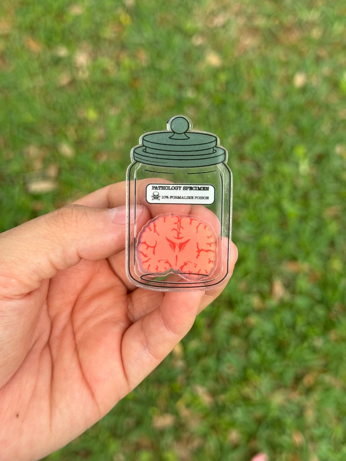 Pathology specimen jar with brain badge reel, interactive ID holder. Shaker badge clip,shaker badge reel