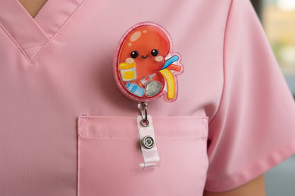 Pink scrub top with a cartoon character badge holder on a blurred background