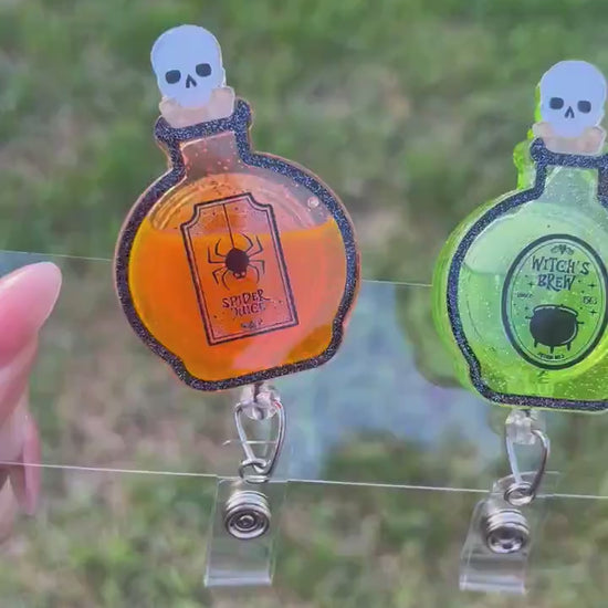 Potion bottle,witches brew badge reel, poison bottle badge clip,Halloween ID holder.