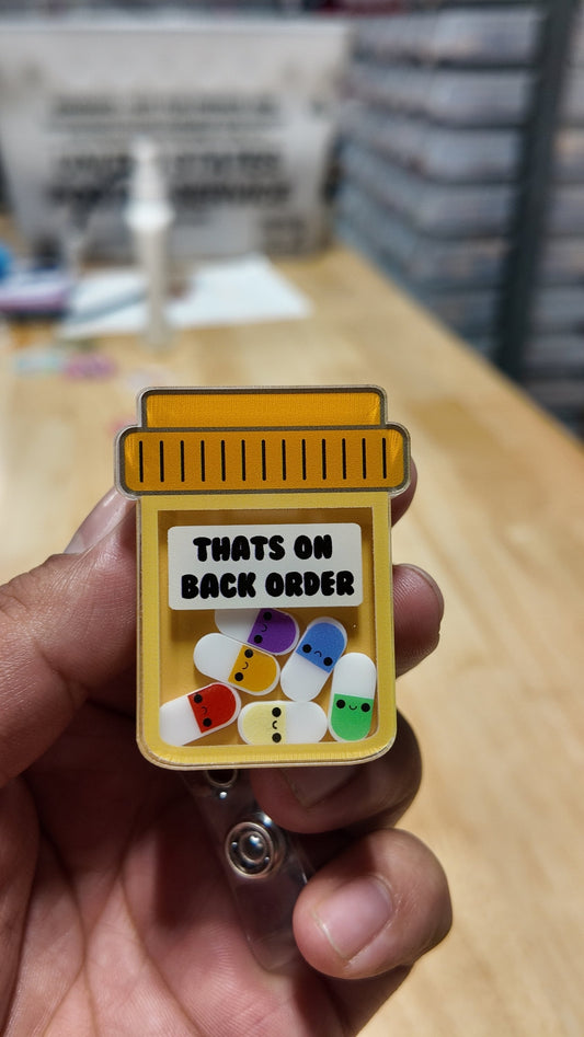 Cute pill bottle shaker badge reel, that’s on back order , pharmacist badge holder, interactive ID holder. Shaker badge clip